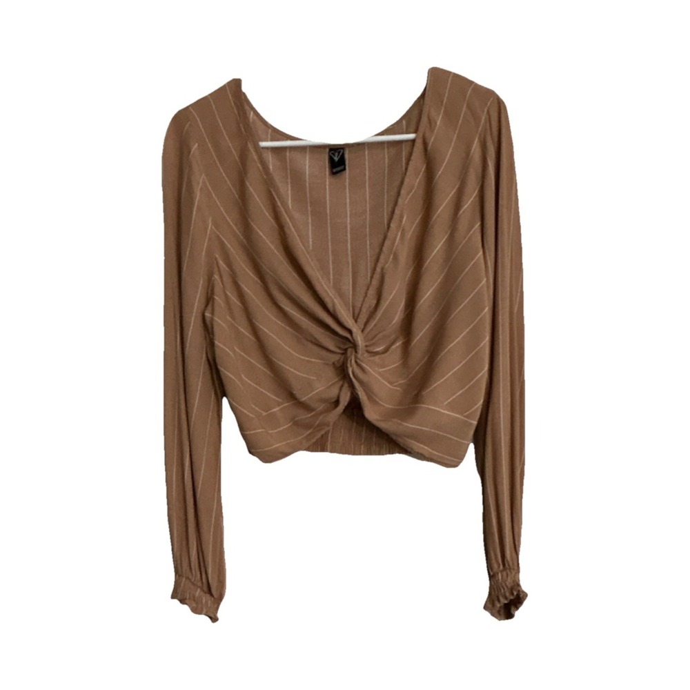 Windsor Tan Pinstripe Twist Front Long Sleeve Crop Top V-Neck Smocked Back